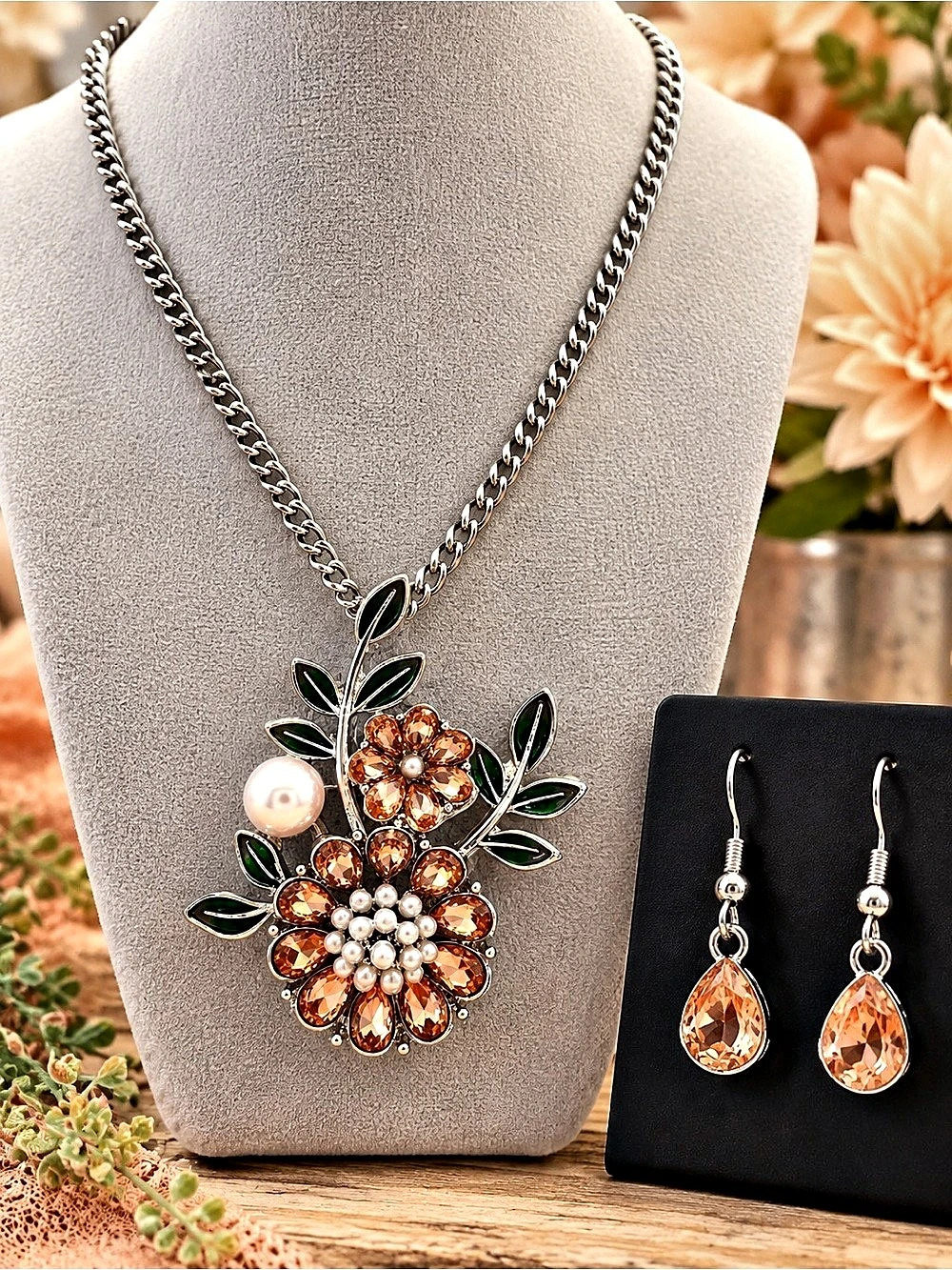 Paparazzi Botanical Bunch Floral Pendant Necklace & Earrings, Silver & Orange
